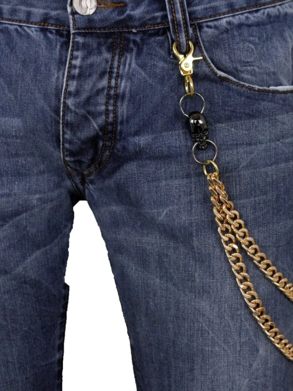 NEW Men Gold Metal Wallet Jeans Chains KeyChain Biker 2 Strands Pewter Skulls